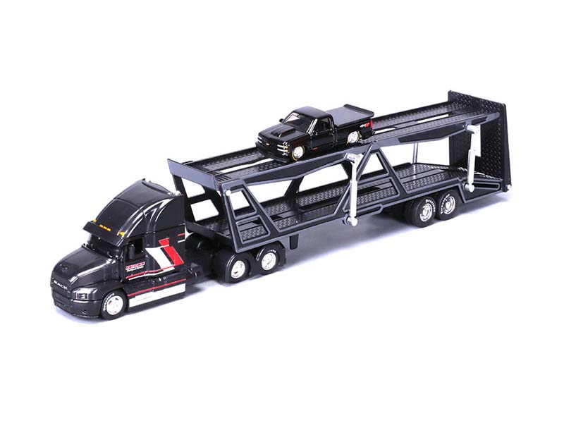 PRE-ORDER Mack Transporter Open Trailer w/ 1993 Chevrolet 454 SS Pickup – Black (Design Transporters) Diecast 1:64 Scale Model - Maisto 11454BK