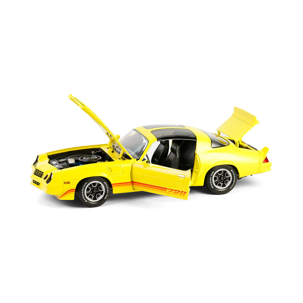 PRE-ORDER 1980 Chevrolet Camaro Z/28 w/ T-Tops – Bright Yellow w/ Red Tri Color Stripes Diecast 1:18 Scale Model - Greenlight 13690