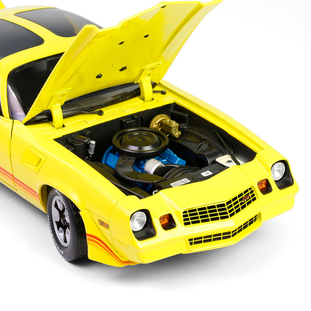 PRE-ORDER 1980 Chevrolet Camaro Z/28 w/ T-Tops – Bright Yellow w/ Red Tri Color Stripes Diecast 1:18 Scale Model - Greenlight 13690