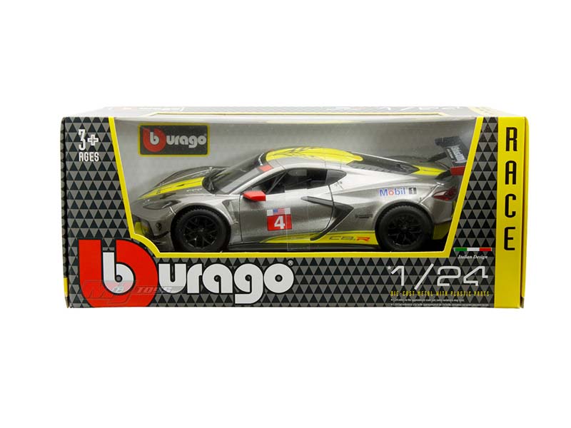 2020 Chevrolet Corvette C8R – Grey Metallic w/ Yellow Stripes (Race Series) Diecast 1:24 Scale Model - Bburago 28024GRY