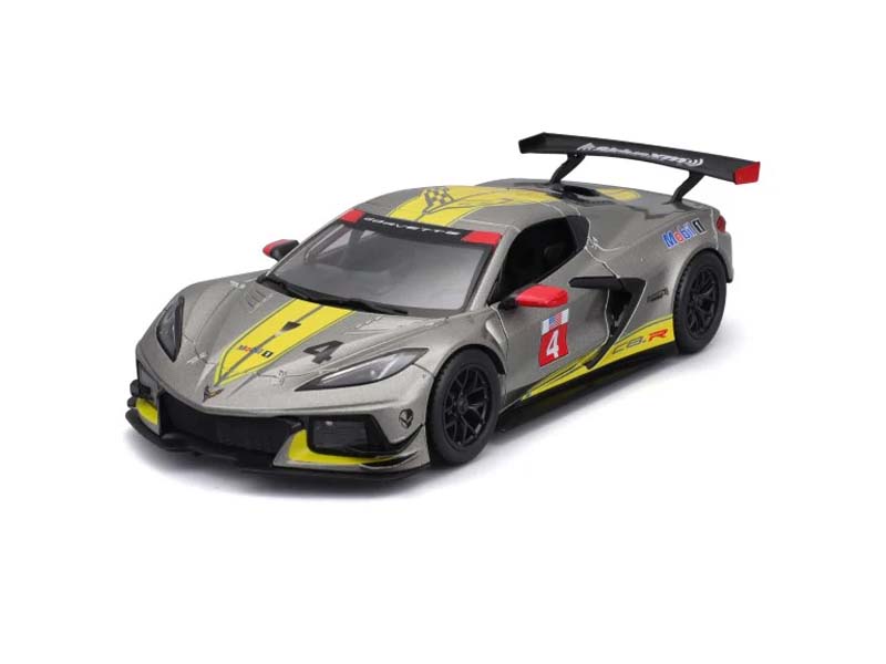 2020 Chevrolet Corvette C8R – Grey Metallic w/ Yellow Stripes (Race Series) Diecast 1:24 Scale Model - Bburago 28024GRY