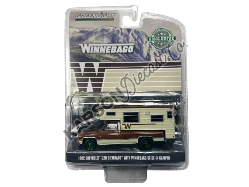 CHASE 1982 Chevrolet C20 Silverado w/ Winnebago Slide-In Camper - Dark Chestnut Metallic (Hobby Exclusive) Diecast 1:64 Scale Model - Greenlight 30407