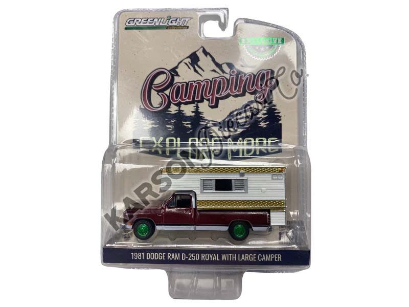 CHASE 1981 Dodge Ram D-250 Royal w/ Large Camper - Medium Crimson Red and Pearl White (Hobby Exclusive) Diecast 1:64 Scale Model - Greenlight 30409