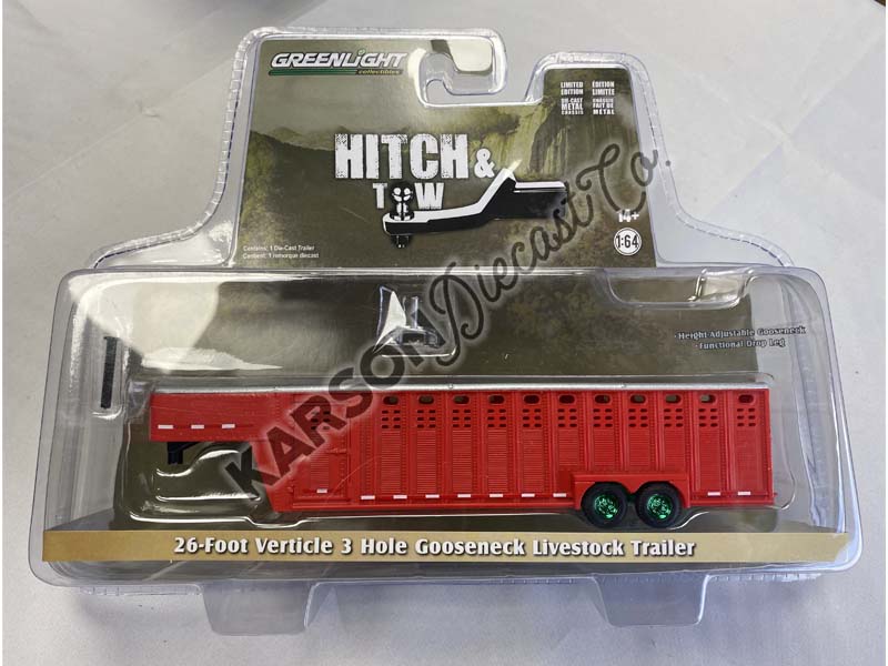 CHASE 26-Foot Vertical Three Hole Gooseneck Livestock Trailer - Red (Hobby Exclusive) Hitch & Tow Trailers Diecast Scale 1:64 Model - Greenlight 30421