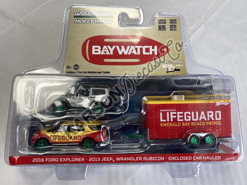 CHASE 2016 Ford Explorer Lifeguard w/ 2013 Jeep Wrangler & Car Hauler Baywatch (Hollywood Hitch & Tow) Series 11 Diecast 1:64 Model - Greenlight 31150B