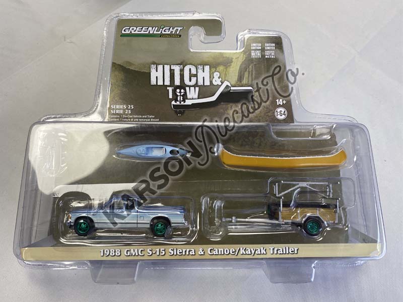 CHASE 1988 GMC S-15 Sierra w/ Canoe Trailer, Canoe Rack, Canoe and Kayak (Hitch and Tow) Series 25 Diecast 1:64 Scale Model - Greenlight 32250C