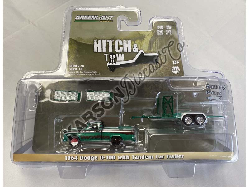 CHASE 1964 Dodge D-100 w/ Tandem Car Trailer RAMCHARGERS (Hitch & Tow) Series 28 Diecast 1:64 Scale Model - Greenlight 32280A