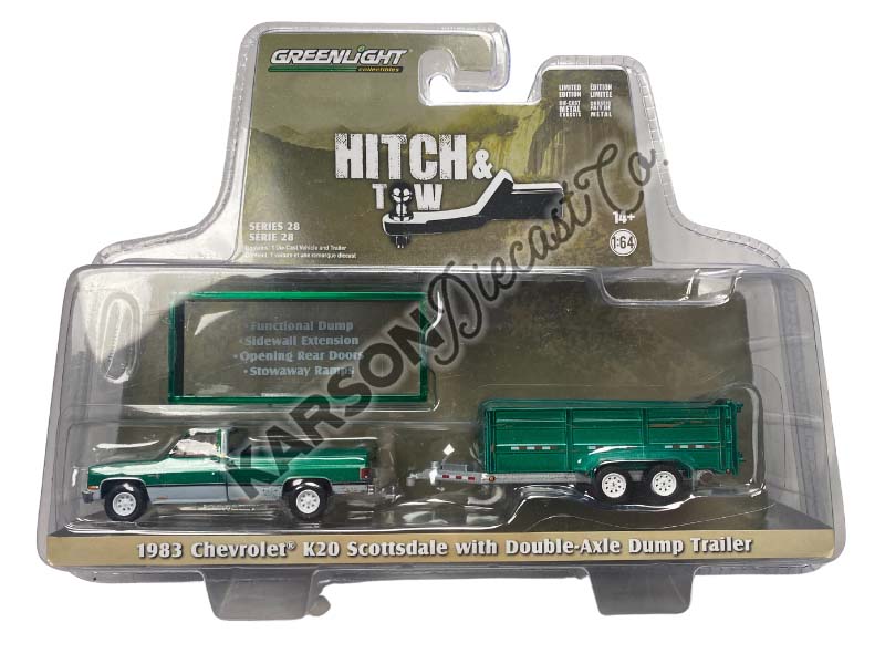 CHASE 1983 Chevrolet Scottsdale K20 w/ Double-Axle Dump Trailer Weathered (Hitch & Tow) Series 28 Diecast 1:64 Scale Model - Greenlight 32280C