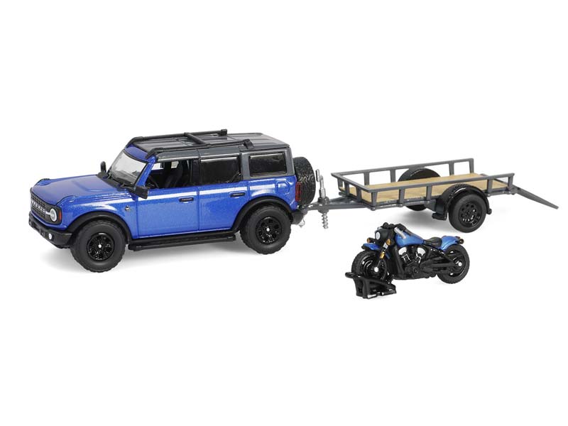 PRE-ORDER 2021 Ford Bronco Black Diamond Blue Metallic w/ Trailer & Motorcycle - (Hitch & Tow Series 32) Diecast 1:64 Scale Model - Greenlight 32320C