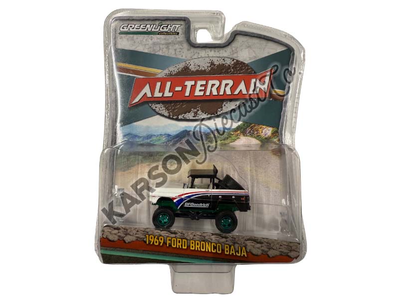 CHASE 1969 Ford Bronco Baja - BFGoodrich (All-Terrain) Series 13 Diecast 1:64 Scale Model Car - Greenlight 35230A