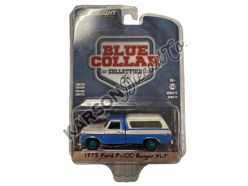 CHASE 1975 Ford F-100 Ranger XLT w/ Camper Shell - Blue and Wimbledon White (Blue Collar Collection) Series 12 Diecast 1:64 Scale Model - Greenlight 35260B