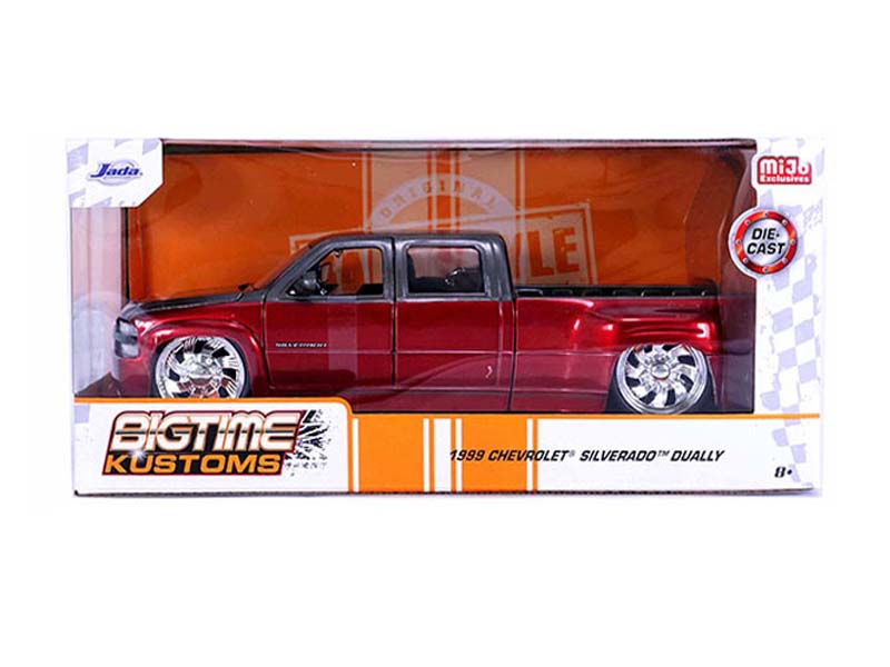 1999 Chevrolet Silverado Dually Custom KMC Wheels – Two Tone Red Metallic w/ Grey (Bigtime Kustoms) Diecast 1:24 Scale Model - Jada 35590