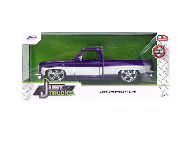 1985 Chevrolet C10 Pickup w/ Cartelli Wheels – Purple White (Just Trucks) Diecast 1:24 Scale Model - Jada 35856