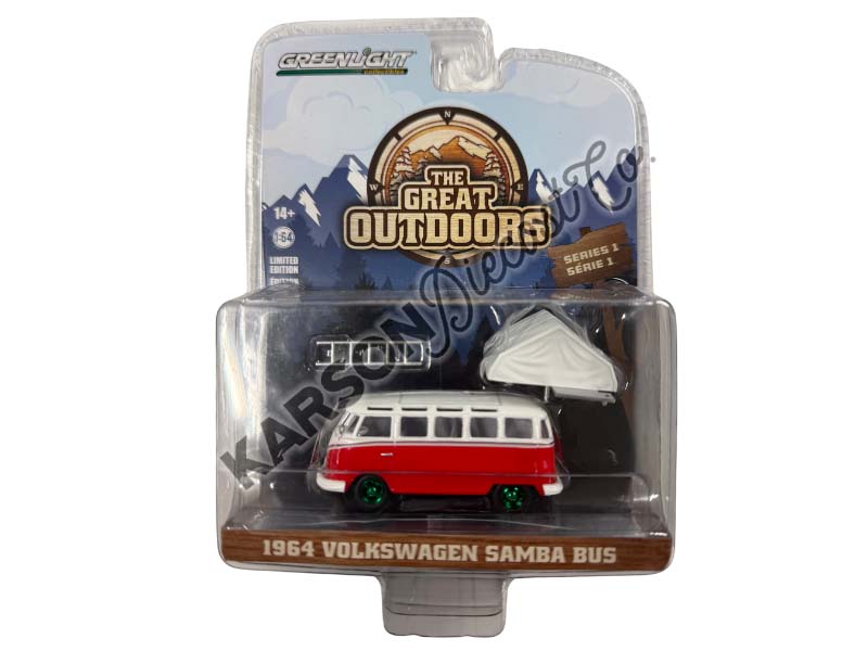 CHASE 1964 Volkswagen Samba Bus w/ Camp'otel Cartop Sleeper Tent (The Great Outdoors) Series 1 Diecast 1:64 Scale Model - Greenlight 38010A