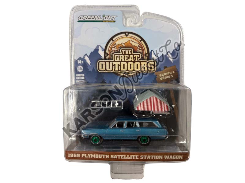 CHASE 1969 Plymouth Satellite Station Wagon w/ Camp'otel Cartop Sleeper Tent (The Great Outdoors) Series 1 Diecast 1:64 Scale Model - Greenlight 38010B