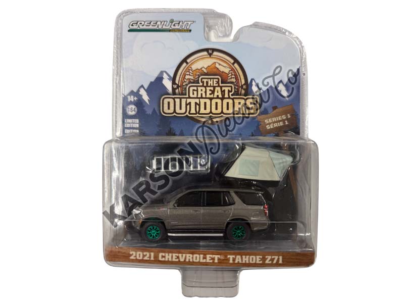 CHASE 2021 Chevrolet Tahoe Z71 w/ Modern Rooftop Tent (The Great Outdoors) Series 1 Diecast 1:64 Scale Model - Greenlight 38010E