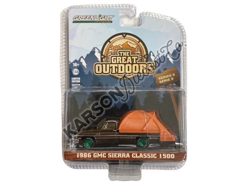 CHASE 1986 GMC Sierra Classic 1500 - Dark Brown Metallic w/ Truck Bed Tent (The Great Outdoors) Series 3 Diecast 1:64 Scale Model - Greenlight 38050D