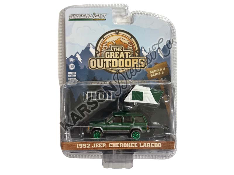 CHASE 1992 Jeep Cherokee Laredo - Hunter Green Metallic w/ Modern Rooftop Tent  (The Great Outdoors) Series 3 Diecast 1:64 Scale Model - Greenlight 38050E