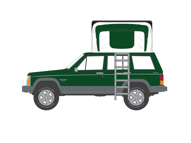 CHASE 1992 Jeep Cherokee Laredo - Hunter Green Metallic w/ Modern Rooftop Tent  (The Great Outdoors) Series 3 Diecast 1:64 Scale Model - Greenlight 38050E