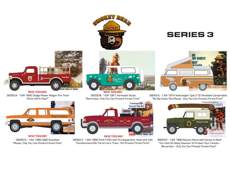 (Smokey Bear Series 3) SET OF 6 Diecast 1:64 Scale Models - Greenlight 38060