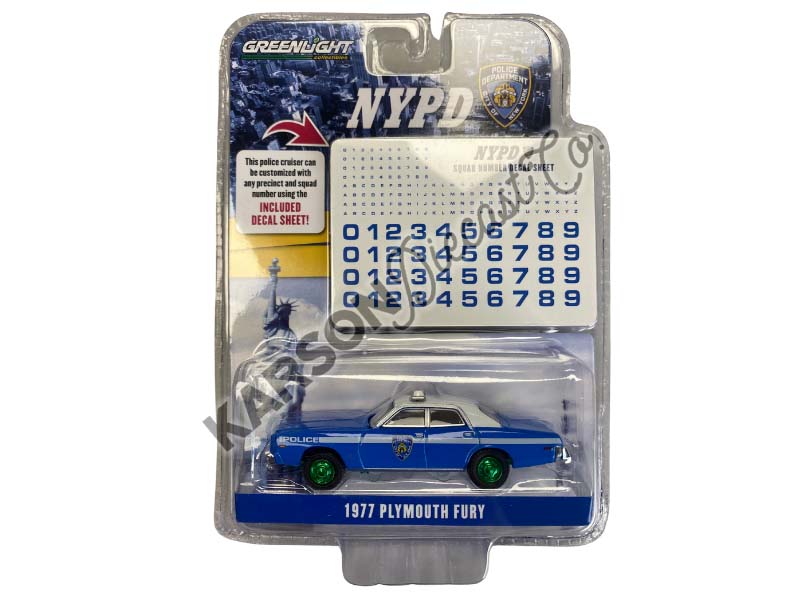 CHASE 1977 Plymouth Fury - New York City Police Dept (NYPD) w/ Decal Sheet (Hot Pursuit) Diecast 1:64 Scale Model - Greenlight 42773