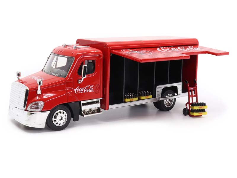 Coca-Cola Beverage Delivery Truck w/ 2 Sliding Doors, Handcart and 4 Bottle Cases Diecast 1:50 Scale Model - Motorcity Classics 450060