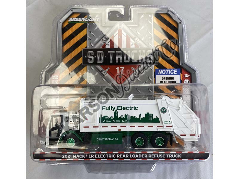 CHASE 2021 Mack LR Electric Rear Loader Refuse Truck - New York City “Fully Electric” (S.D. Trucks) Series 17 Diecast 1:64 Scale Model - Greenlight 45170C