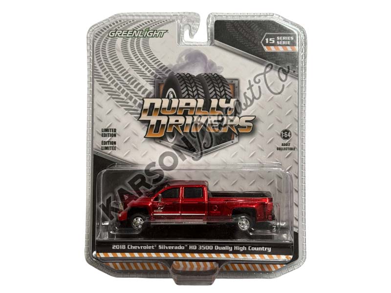 CHASE 2018 Chevrolet Silverado 3500 HD Dually High Country - Cajun Red Metallic (Dually Drivers Series 15) Diecast 1:64 Scale Model - Greenlight 46150D