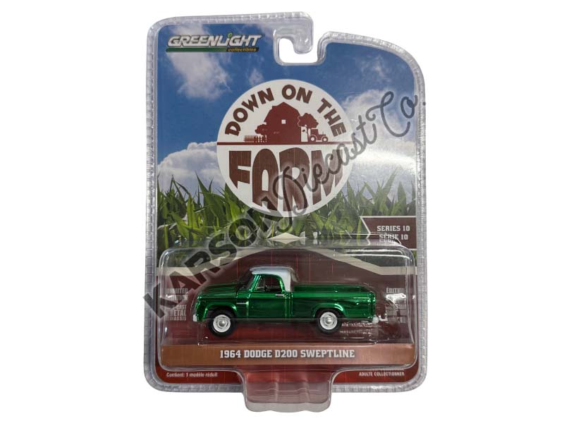 CHASE 1964 Dodge D-200 Sweptline - Turf Green & White (Down on the Farm Series 10) Diecast 1:64 Scale Model - Greenlight 48100B