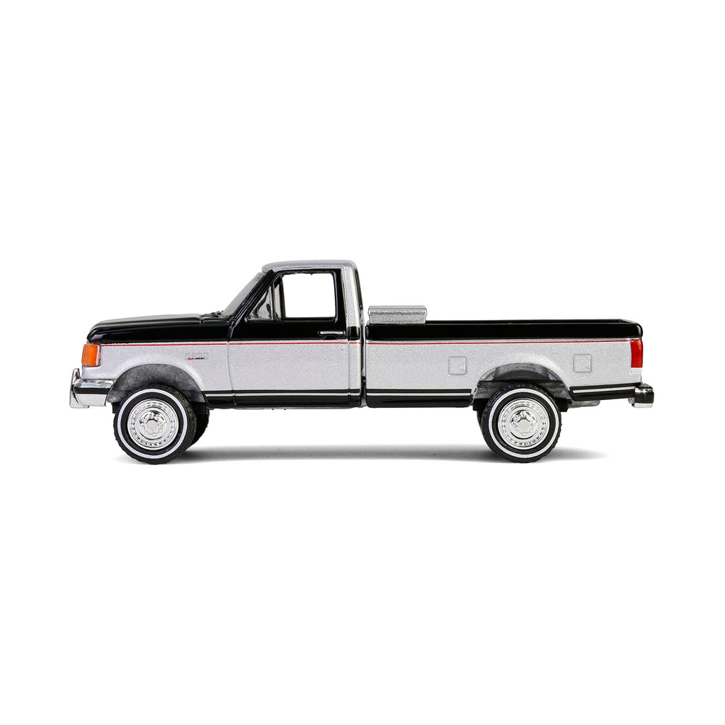 1990 Ford F-250 w/ Tool Box - Raven Black & Silver Metallic Two-Tone (Down on the Farm Series 10) Diecast 1:64 Scale Model - Greenlight 48100E