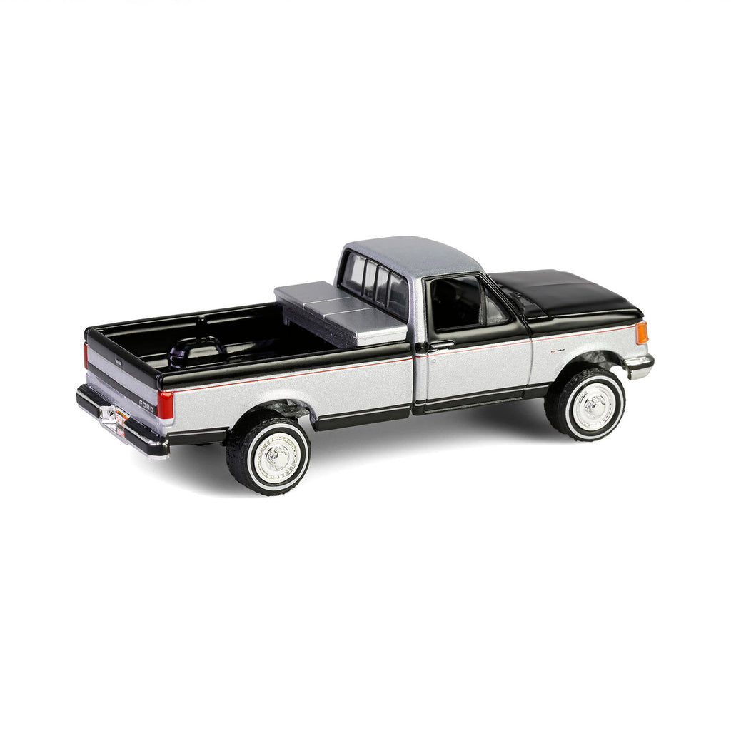 1990 Ford F-250 w/ Tool Box - Raven Black & Silver Metallic Two-Tone (Down on the Farm Series 10) Diecast 1:64 Scale Model - Greenlight 48100E