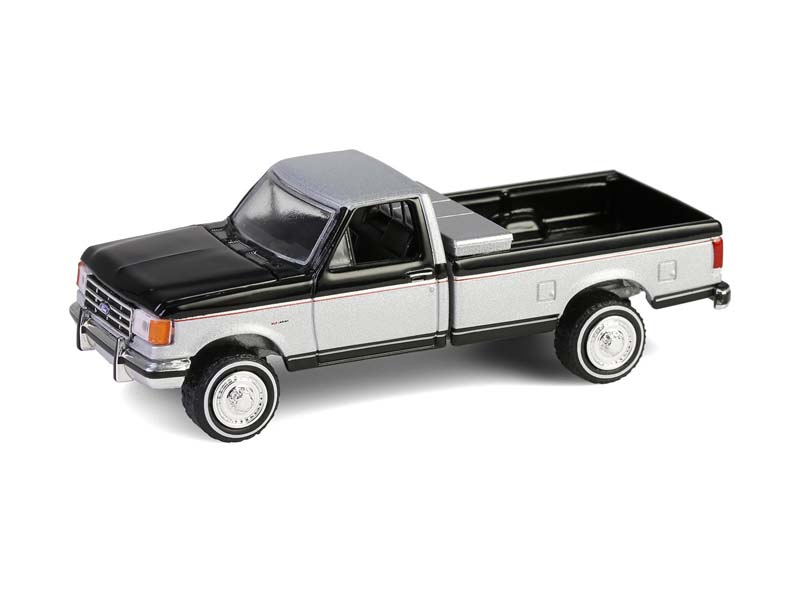 1990 Ford F-250 w/ Tool Box - Raven Black & Silver Metallic Two-Tone (Down on the Farm Series 10) Diecast 1:64 Scale Model - Greenlight 48100E