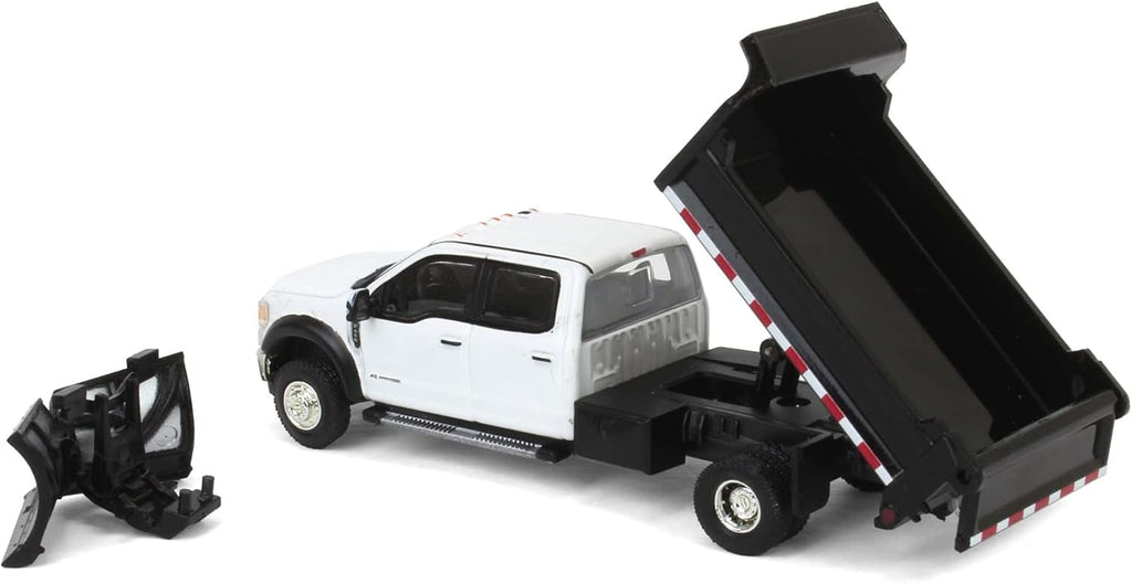 2020 Ford F-450 XLT Super Duty Dually w/ V-Plow and Dump Bed - Oxford White Diecast 1:64 Scale Model - Greenlight 51396B