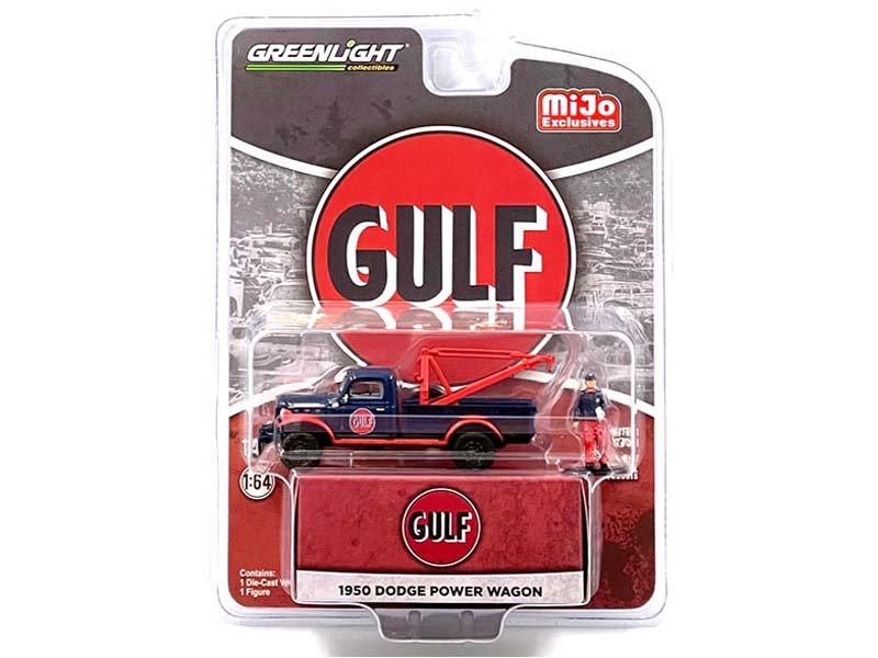 CHASE 1950 Dodge Power Wagon Tow Truck Gulf Oil Weathered w/ Mechanic Figure (MiJo Exclusives) Diecast 1:64 Scale Model - Greenlight 51543