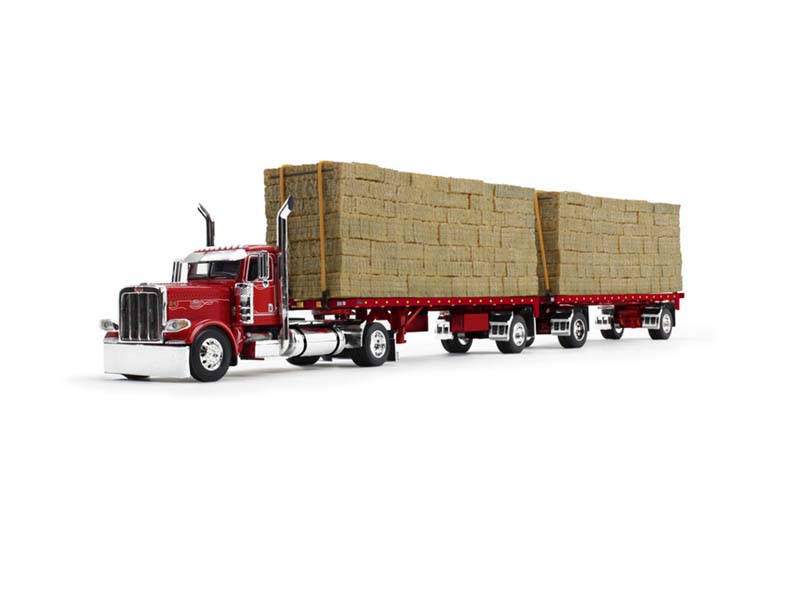 PRE-ORDER Peterbilt Model 389 Day Cab & 28.5" Utility Dual Hay Flatbed Trailers w/ Hay Load Diecast 1:64 Scale Model - DCP 60-1894