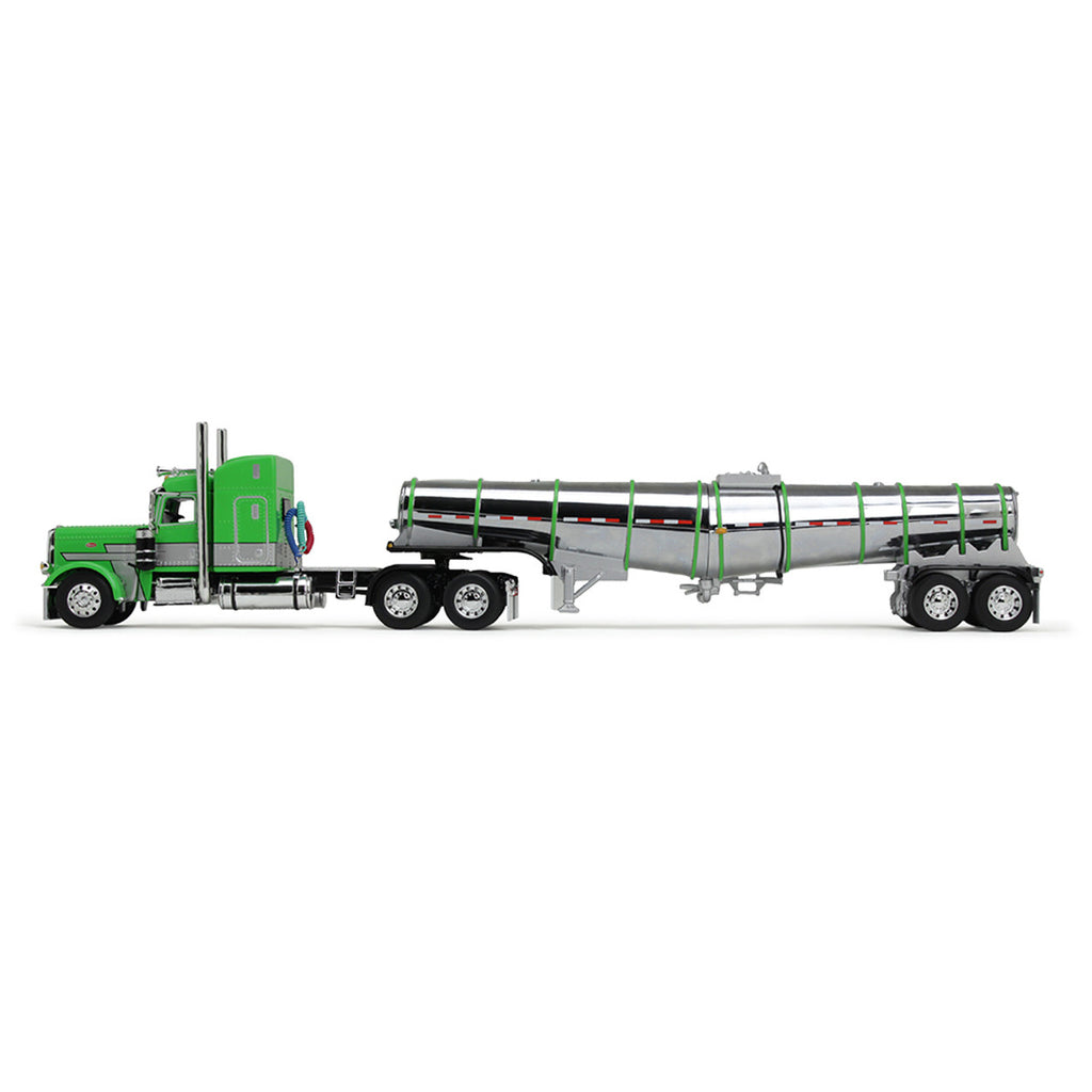 Peterbilt Model 389 w/ 48" Mid-Roof Sleeper In Green, Silver, and Black w/ Polar Deep Drop Trailer Diecast 1:64 Scale Model - DCP 60-1934