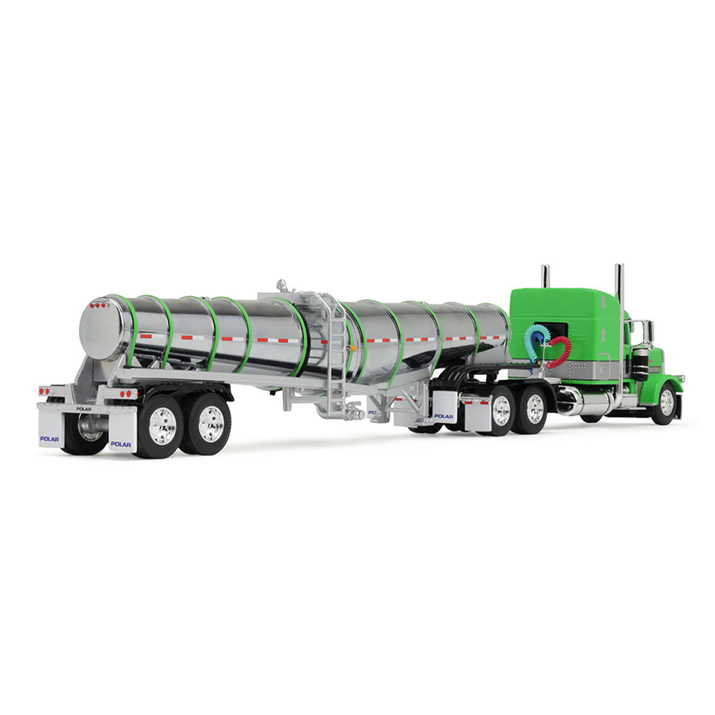 Peterbilt Model 389 w/ 48" Mid-Roof Sleeper In Green, Silver, and Black w/ Polar Deep Drop Trailer Diecast 1:64 Scale Model - DCP 60-1934