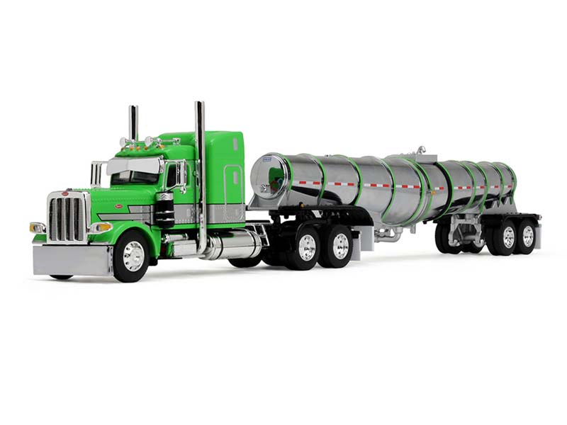 Peterbilt Model 389 w/ 48" Mid-Roof Sleeper In Green, Silver, and Black w/ Polar Deep Drop Trailer Diecast 1:64 Scale Model - DCP 60-1934