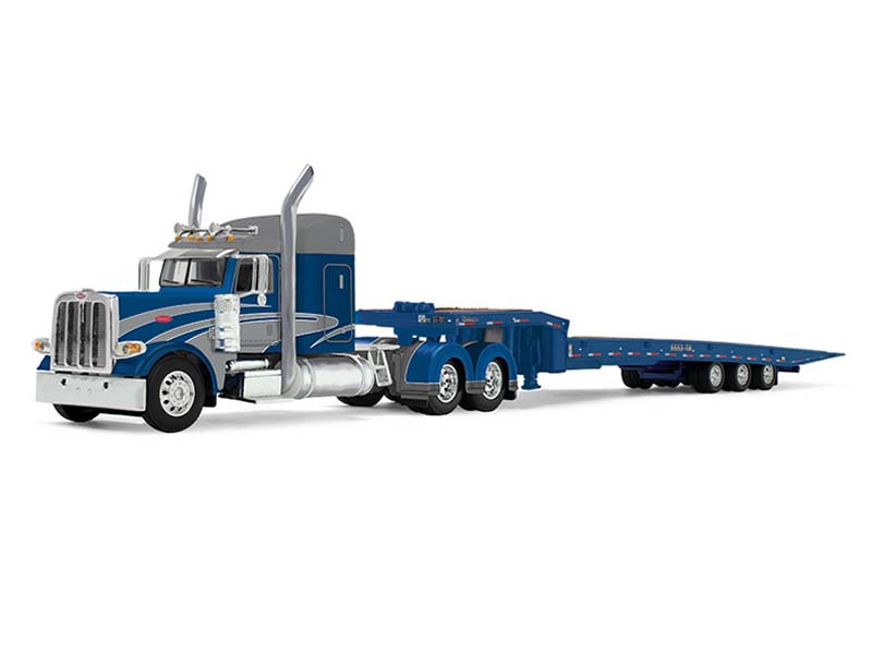 Peterbilt Model 389 w/ 48" Mid-Roof Sleeper in Rich Blue and Silver w/ Talbert 5553T Traveling Axle Trailer Diecast 1:64 Scale Models - DCP 60-1935