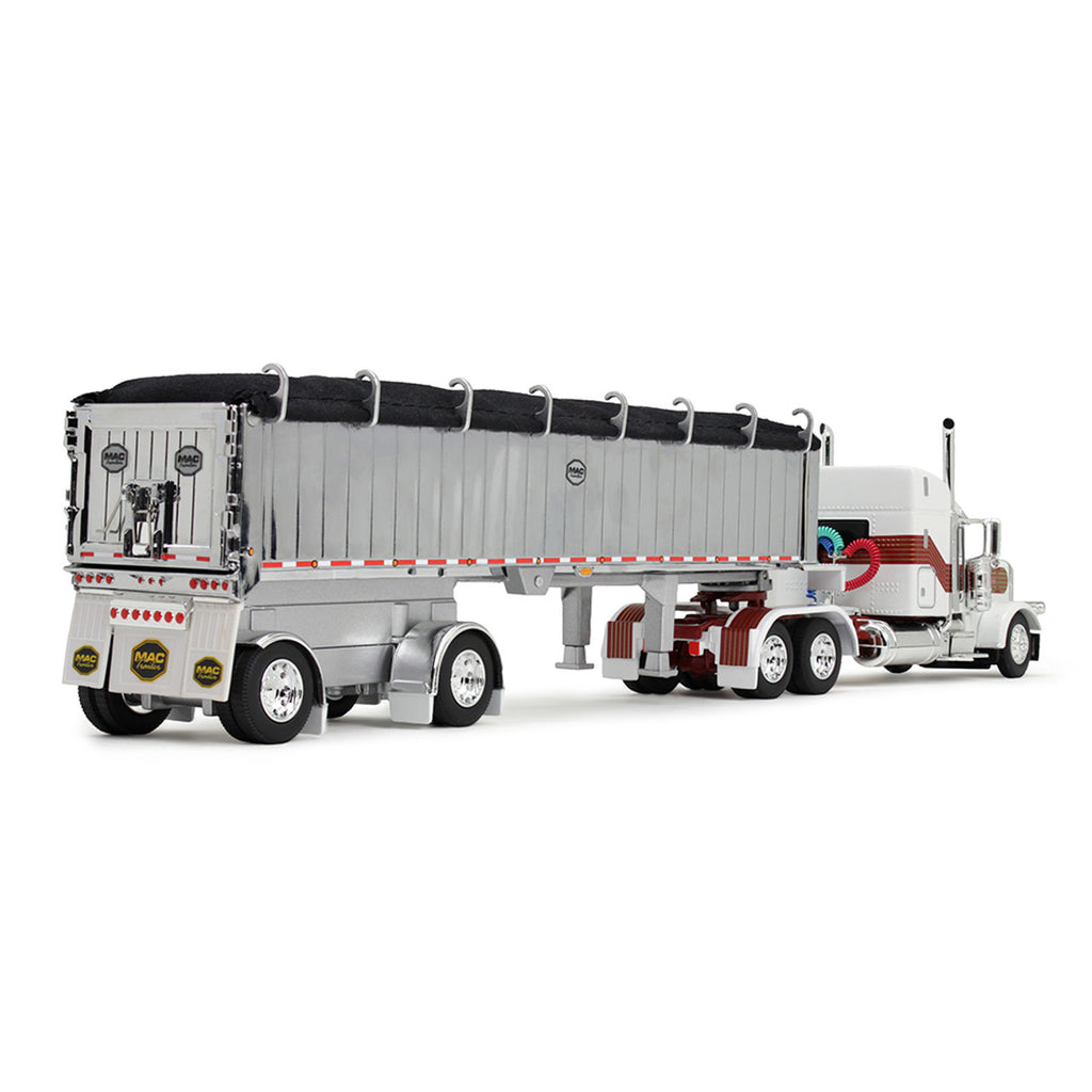 Peterbilt Model 389 w/ 48" Mid-Roof Sleeper in White, Red, and Gold w/ MAC Coal End Dump Trailer Diecast 1:64 Scale Model - DCP 60-1936