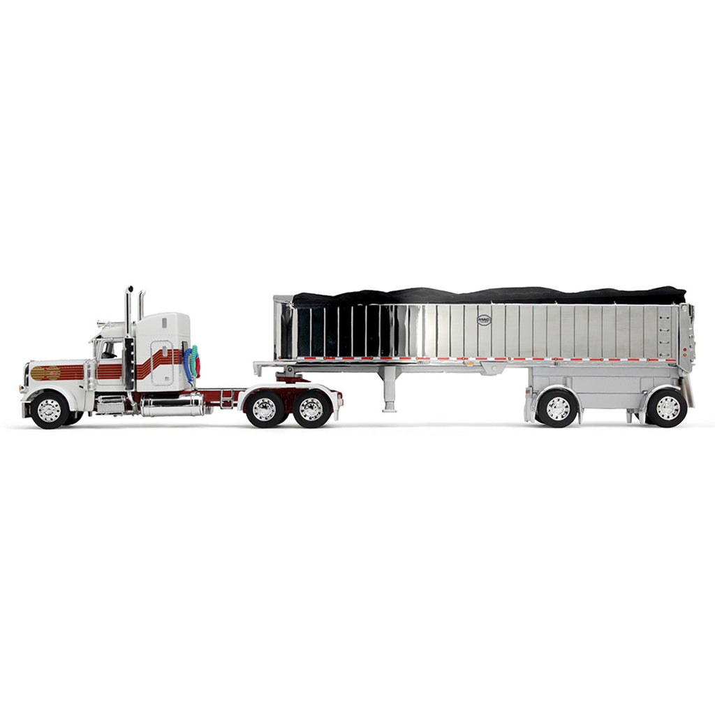 Peterbilt Model 389 w/ 48" Mid-Roof Sleeper in White, Red, and Gold w/ MAC Coal End Dump Trailer Diecast 1:64 Scale Model - DCP 60-1936