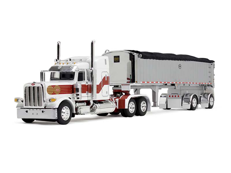 Peterbilt Model 389 w/ 48" Mid-Roof Sleeper in White, Red, and Gold w/ MAC Coal End Dump Trailer Diecast 1:64 Scale Model - DCP 60-1936