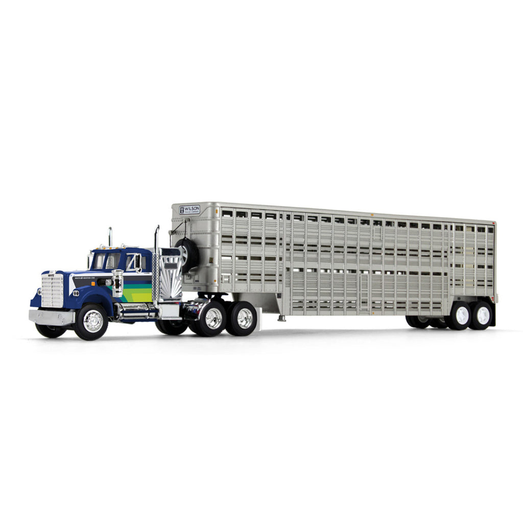 PRE-ORDER White Western Star 4900 w/ 36'' Vintage Sleeper w/ 45' Wilson Vintage Livestock Trailer Diecast 1:64 Scale Model - DCP 60-1944