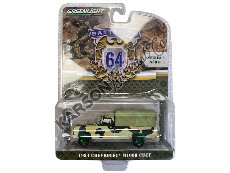 CHASE 1984 Chevrolet M1008 CUCV - Camouflage w/ Cargo Cover (Battalion 64) Series 1 Diecast 1:64 Scale Model - Greenlight 61010E