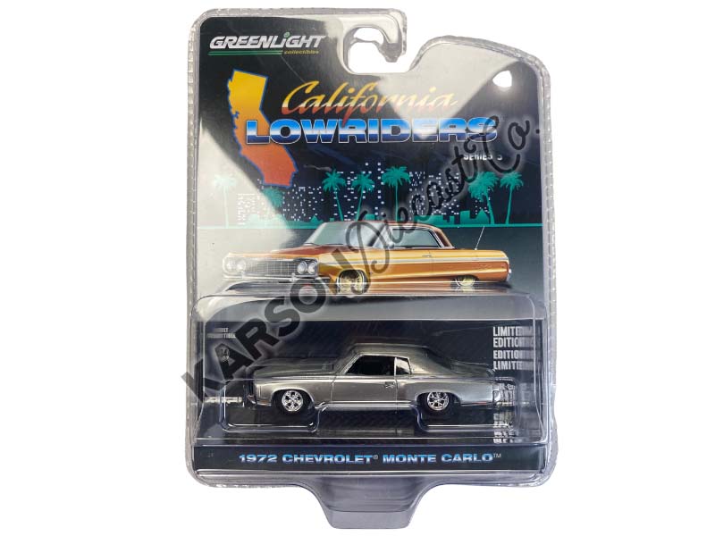 CHASE 1972 Chevrolet Monte Carlo – Silver and Black (California Lowriders Series 5) Diecast 1:64 Scale Model - Greenlight 63060F