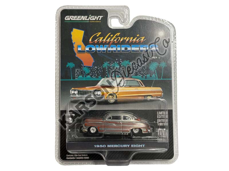 CHASE 1950 Mercury Eight Coupe - Matte White w/ Metallic Orange Scallops (California Lowriders Series 6) Diecast 1:64 Scale Model - Greenlight 63070B