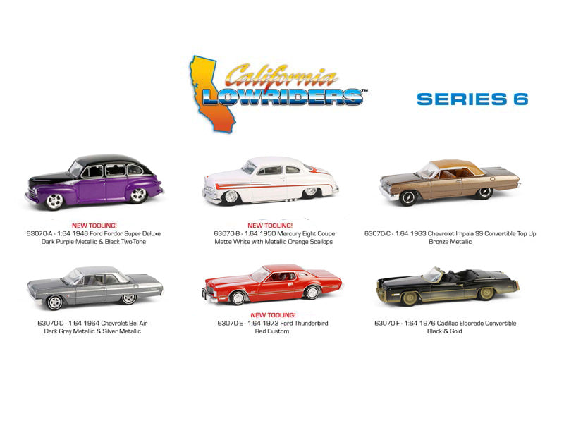 (California Lowriders Series 6) SET OF 6 Diecast 1:64 Scale Models - Greenlight 63070