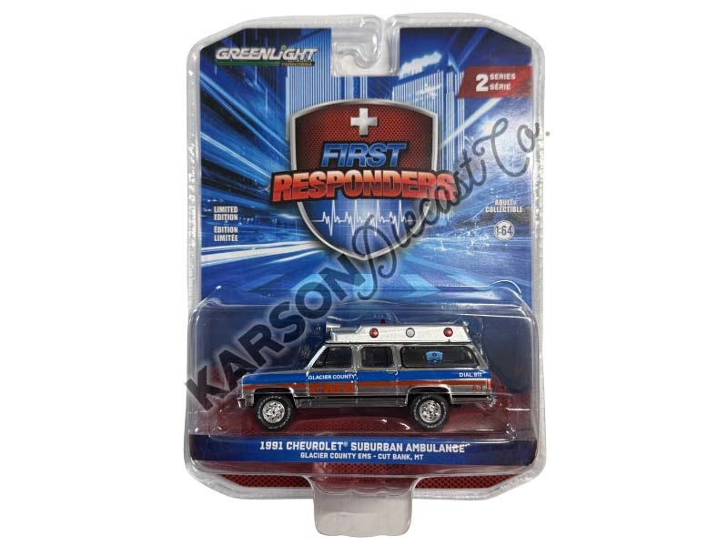 CHASE 1991 Chevrolet Suburban Ambulance – Glacier County EMS Montana (First Responders Series 2) Diecast 1:64 Scale Model - Greenlight 67060B