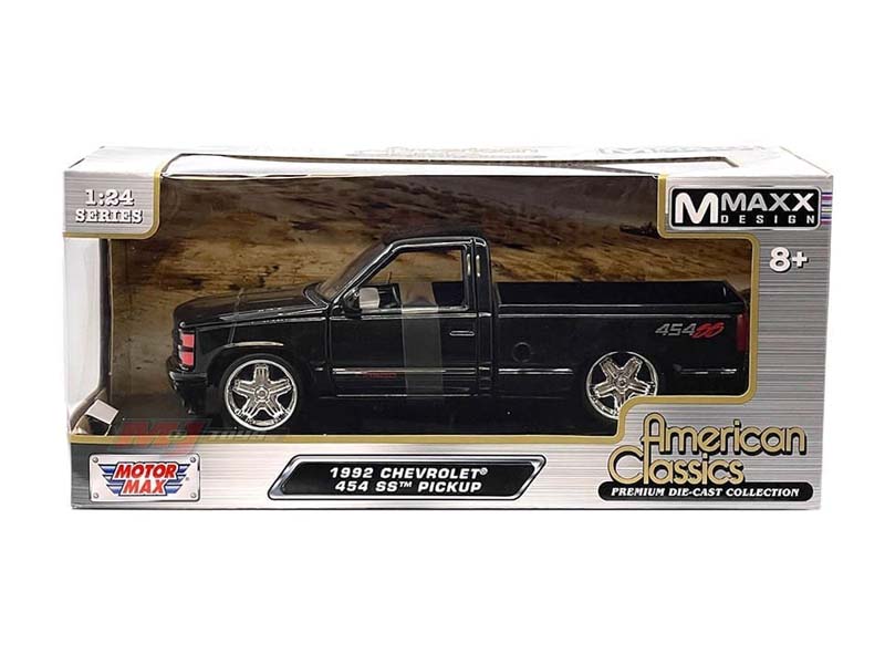 1992 Chevrolet 454 SS Pickup w/ Custom Wheels – Black (American Classics Mmaxx Design) Diecast 1:24 Scale Model - Motormax 73203MXBK