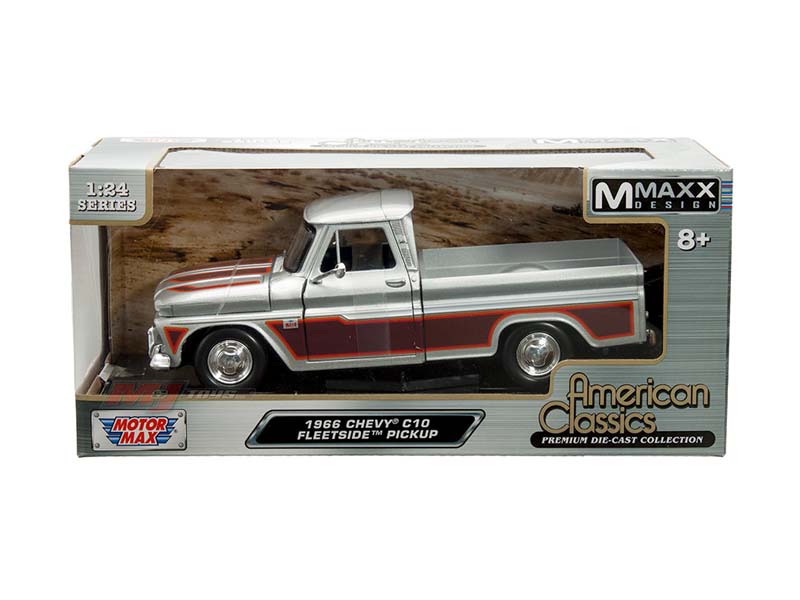 1966 Chevrolet C10 Fleetside Pickup – Silver w/ Burgundy (American Classics MMAXX Design) Diecast 1:24 Scale Model - Motormax 73355SILOR